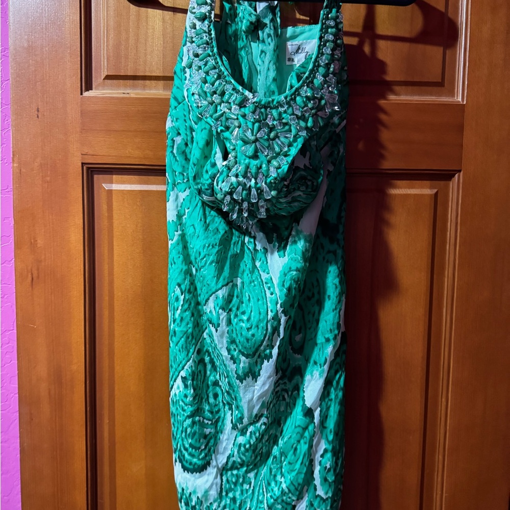 Vintage Beaded Green Patterned Women's Dress